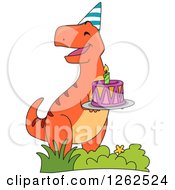 Clipart Of A Birthday Orange T Rex Dinosaur With A Cake Royalty Free Vector Illustration