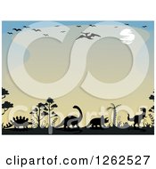 Poster, Art Print Of Sunset Background Bordered In Birds And Dinosaurs