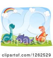 Poster, Art Print Of Rainbow And Sky Background With Happy Dinosaurs