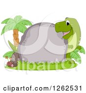 Poster, Art Print Of Cute Tyrannosaurus Rex Looking Around A Boulder With Text Space