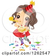 Poster, Art Print Of Cute Brunette Caucasian Girl Blowing A Noise Maker At A Party