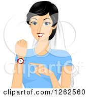 Happy Young Asian Bride Wearing A Veil And Pointing To Her Watch