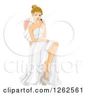 Clipart Of A Happy Blond White Bride Sitting And Applying Makeup Royalty Free Vector Illustration