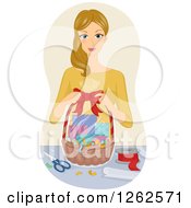 Clipart Of A Blond Caucasian Woman Assembling A Gift Basket Royalty Free Vector Illustration