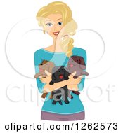 Clipart Of A Happy Blond Caucasian Woman Holding Puppies Royalty Free Vector Illustration