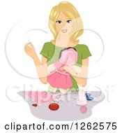 Poster, Art Print Of Blond Caucasian Woman Sewing A Doll