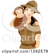 Poster, Art Print Of Happy Young Safari Woman With A Monkey On Her Shoulder