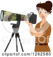 Poster, Art Print Of Brunette Caucasian Woman Taking Safari Photographs With A Camera