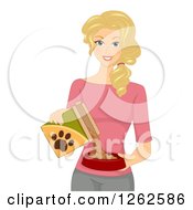 Blond Caucasian Woman Pouring Dog Food