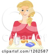 Clipart Of A Blond Caucasian Woman Carrying A Tray With Fast Food Royalty Free Vector Illustration by BNP Design Studio