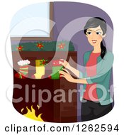 Clipart Of A Happy Woman Hanging Christmas Stockings On A Hearth Royalty Free Vector Illustration by BNP Design Studio