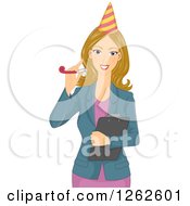 Blond White Woman Holding A Clipboard And Wearing A Party Hat