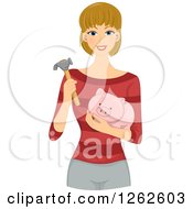 Poster, Art Print Of Happy Blond White Woman Holding A Hammer And Piggy Bank