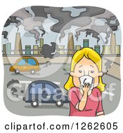 Poster, Art Print Of Blond White Woman Covering Her Nose In A Polluted City