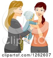 Blond Caucasian Mother Handing Her Baby Over To A Sitter