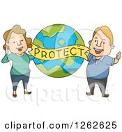 Poster, Art Print Of Happy Caucasian Couple Holding A Protect Banner Over Earth