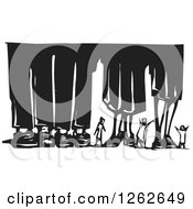 Clipart Of Black And White Woodcut Tiny People Under Giant Feet Royalty Free Vector Illustration