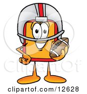 Price Tag Mascot Cartoon Character In A Helmet Holding A Football