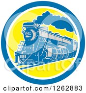 Poster, Art Print Of Retro Steam Train In A Blue White And Yellow Circle