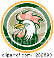 Clipart Of A Retro Cartoon Rooster In A Yellow White And Green Circle Royalty Free Vector Illustration