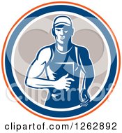 Poster, Art Print Of Retro Male Runner In An Orange White Blue And Taupe Circle