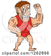 Clipart Of A Cartoon Male Bodybuilder Flexing In A Red Suit Royalty Free Vector Illustration