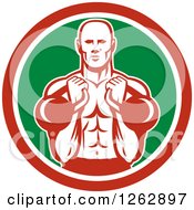 Poster, Art Print Of Retro Male Bodybuilder Working Out With Kettlebells In A Red White And Green Circle
