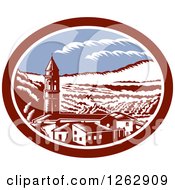 Retro Woodcut View Of The Church Belfry Tower In Tuscany Italy