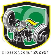 Poster, Art Print Of Retro Muscular Knight Doing Squats And Working Out With A Barbell In A Yellow Black White And Green Shield