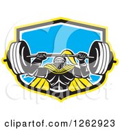 Retro Muscular Knight Doing Squats And Working Out With A Barbell In A Yellow Black White And Blue Shield