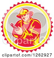 Clipart Of A Retro Fireman Holding A Hose In A Yellow Gray White And Red Circle Royalty Free Vector Illustration by patrimonio