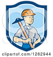 Poster, Art Print Of Cartoon Male Engineer Holding A T Square In A Blue Shield