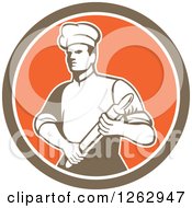 Poster, Art Print Of Retro Male Chef Or Baker Holding A Rolling Pin In A Brown White And Orange Circle