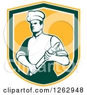 Poster, Art Print Of Retro Male Chef Or Baker Holding A Rolling Pin In A Yellow White And Green Shield