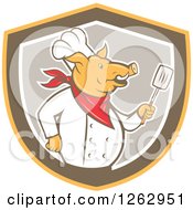 Clipart Of A Retro Cartoon Chef Pig Holding A Spatula In A Yellow Brown And Taupe Shield Royalty Free Vector Illustration
