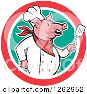 Poster, Art Print Of Cartoon Chef Pig Holding A Spatula In A Red White And Green Circle
