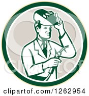 Retro Male Scientist Welding In A Yellow Green White And Taupe Circle