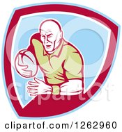 Poster, Art Print Of Retro Male Rugby Player Running In A Blue Red And White Shield
