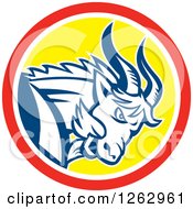 Clipart Of A Retro Aggressive Mountain Goat Ram In A Red White And Yellow Circle Royalty Free Vector Illustration