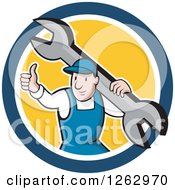 Cartoon Male Mechanic Holding A Thumb Up And Carrying A Giant Wrench In A Blue White And Yellow Circle