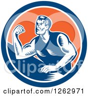 Clipart Of A Retro Woodcut Male Arm Wrestling Champion In A Blue White And Orange Circle Royalty Free Vector Illustration by patrimonio