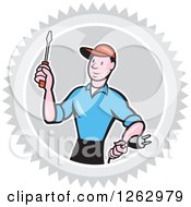 Poster, Art Print Of Cartoon Male Electrician Holding A Scredriver And Plug In A Gray Burst Circle