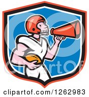 Cartoon Male American Football Player Announcing With A Megaphone In A Shield