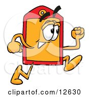 Clipart Picture Of A Price Tag Mascot Cartoon Character Running