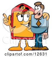 Clipart Picture Of A Price Tag Mascot Cartoon Character Talking To A Business Man