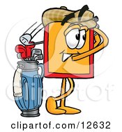 Clipart Picture Of A Price Tag Mascot Cartoon Character Swinging His Golf Club While Golfing
