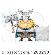 Cartoon Happy Chubby Thor Holding A Hammer By A Stone Sign