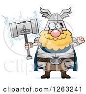 Cartoon Friendly Waving Chubby Thor Holding A Hammer