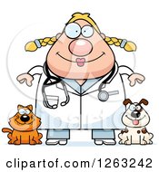 Poster, Art Print Of Cartoon Happy Chubby Blond White Female Veterinarian With A Cat And Dog