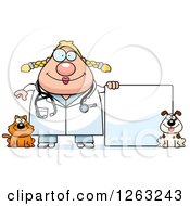 Poster, Art Print Of Cartoon Happy Chubby Blond White Female Veterinarian With A Cat And Dog And A Blank Sign